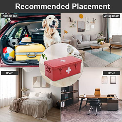 First Aid Medicine Box, First Aid Kit Supplies Bin, Metal Medicine Storage Tin, First Aid Empty Box with Safety Lock for Home Emergency Tool Set-Red - color: Red