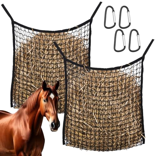 2 Pcs Horse Hay Net with Carabiners, Large Capacity Slow Feed Hay Bag for Horses, Durable Polyester Flat Feeder for Goats and Livestock (31.5" X 35.4")
