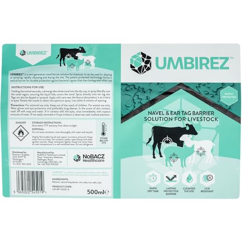 Premier 1 UMBIREZ™ Umbilical Spray – Navel & Ear Tag Barrier, 500 mL | Lick-resistant barrier spray. Rapid dry — desiccates navel in ~2 hours. For lambs, goat kids, calves & pigs. Biodegradable.