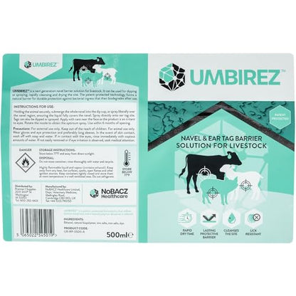 Premier 1 UMBIREZ™ Umbilical Spray – Navel & Ear Tag Barrier, 500 mL | Lick-resistant barrier spray. Rapid dry — desiccates navel in ~2 hours. For lambs, goat kids, calves & pigs. Biodegradable.