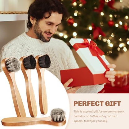 4 Pcs Horsehair Shine Shoes Brush Kit Polish Dauber Applicators Cleaning Leather Shoes Boots Care Brushes Suede Cleaner Brush with Microfiber Shoe Cloth(Wooden Handle B) - style: Wooden Handle B
