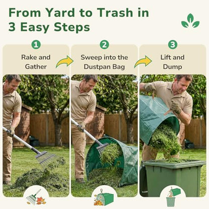 GreatBuddy Leaf Rake and Leaf Bags Combo, Adjustable Metal Garden Rake 29''-72'' 11Tines, 2 Pack 72 Gallon Reusable Yard Waste Bags, Heavy Duty Lawn Rake with Dustpan Leaf Collector for Yard Cleanup - size: 11 tines & 72 gal 2 packs