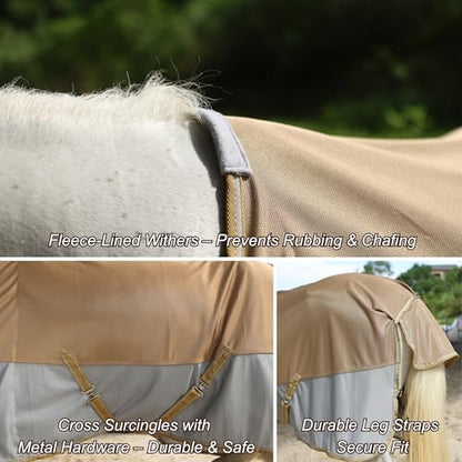 BARN & STABLE Breathable and UV Protective Tear-Resistant Mesh Horse Fly Sheet Comfy Equine Summer Sheet with Removable Web Leg Straps - color: Gold Silver, size: 69 in