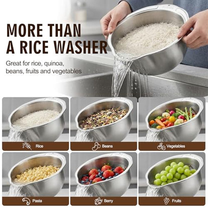 Palksky Rice Strainer & Rice Washing Bowl Stainless Steel - 5.6 Qt Professional Fine Mesh Rice Washer for Kitchen - Heavy Duty Rice Rinser, Cleaner & Drainer Colander for Quinoa, Grains & Fruit - color: 5.6 Qt Rice Strainer