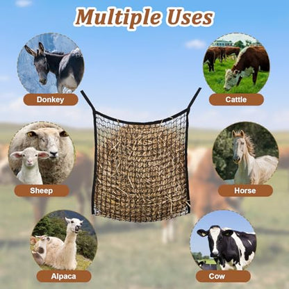 2 Pcs Horse Hay Net with Carabiners, Large Capacity Slow Feed Hay Bag for Horses, Durable Polyester Flat Feeder for Goats and Livestock (31.5" X 35.4")
