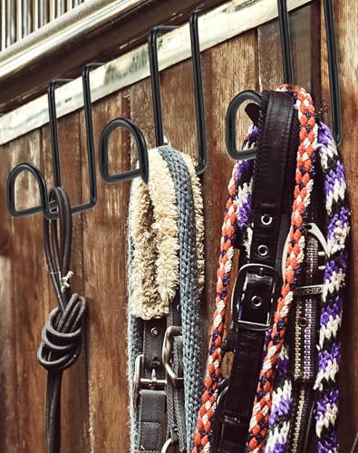QWORK 4 Inch Tack Hook Set - 4 Pack Heavy Duty Black Horse Halter Rack, Over Rail Bridle Hooks Anti-Rust Coated Metal Hooks for Horse Bridle, Water Bucket Hangers, Stable and Barn Organization