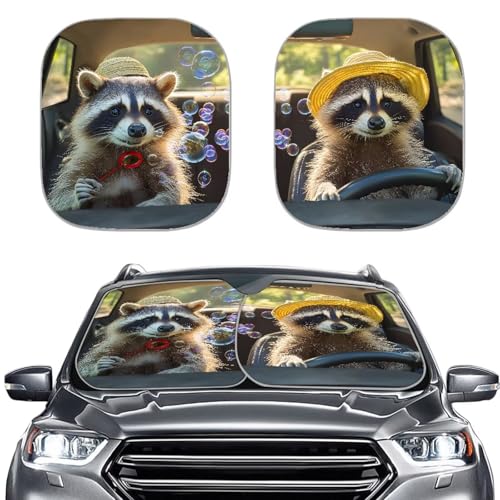 Cute Raccoon 2 PCS Car Window Shades Foldable Automotive Front Window Sunshade Protector Heat and UV Rays That Keeps Vehicle Cool Universal Vehicle Accessories - color: Cute Raccoon