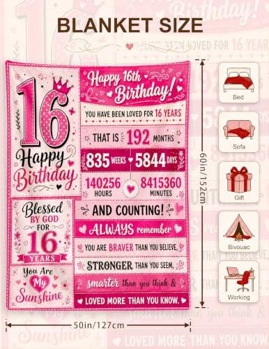 Sweet 16 Gifts for Girls, 16th Birthday Blanket, Stuff for 16 Year Old | 16 Year Old Girl Birthday Gift Ideas, Birthday Thanksgiving Christmas Sweet Sixteen Gift, Soft Throw Flannel Blanket 50*60 - color: 16 Pink Checkered