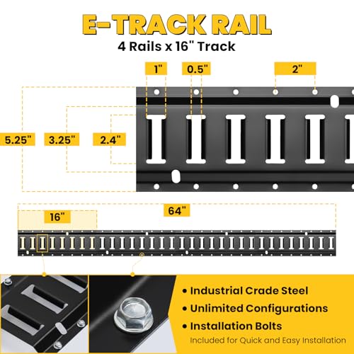 E Track Tie-Down Rail Kit, Trailer Tie Downs, 31 Pcs Set Etrack kit | 4 Rails , 4 Rope Tie Offs, 4 O Ring Anchors, 2 10ft straps, Securing Accessories for Garages, Vans, Trailers, Cargo (Yellow) - color: Yellow