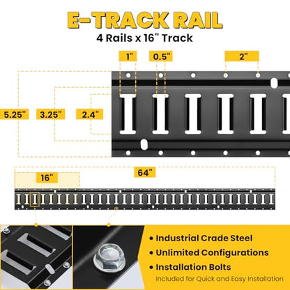 E Track Tie-Down Rail Kit, Trailer Tie Downs, 31 Pcs Set Etrack kit | 4 Rails , 4 Rope Tie Offs, 4 O Ring Anchors, 2 10ft straps, Securing Accessories for Garages, Vans, Trailers, Cargo (Yellow) - color: Yellow