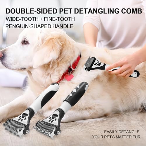 Penguin 2-in-1 Fine&Wide Tooth Pet Dematting Comb for Dogs&Cats | Stainless Steel Blade,Rubber Handle,Dog Dematting Rake,Undercoat Rake for Short&Long Haired Pet,Remove Loose Hair Tangles