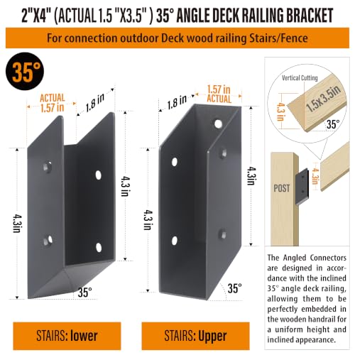35° Stair Angle Stainless Steel Deck Railing Brackets Connectors for 2"x4" (Actual 1.5"x3.5") Railing Wood Post (4 Pair) - size: Angle 35°