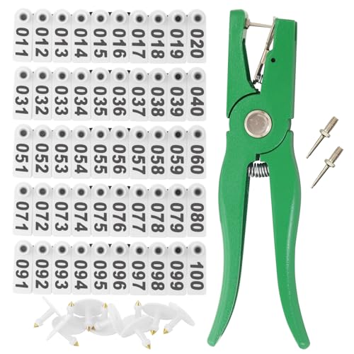 Sheep Ear Tag 001-100 Number Plastic Livestock Tags Goat with Punch Applicator Plier Tools and 2Pcs Ear Tag Pins (White, 001-100) - color: White, size: 001-100