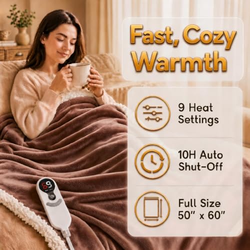 Heated Blanket Electric Throw Size 50''x60'' with 9 Heating Levels, 1-10 Hour Auto Shut Off, Machine Washable, Flannel & Sherpa Double-Sided Soft Warming Blanket for Couch, Bed, Office - Brown - color: 06-brown, size: 50''x60''(Throw)