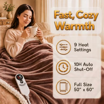 Heated Blanket Electric Throw Size 50''x60'' with 9 Heating Levels, 1-10 Hour Auto Shut Off, Machine Washable, Flannel & Sherpa Double-Sided Soft Warming Blanket for Couch, Bed, Office - Brown - color: 06-brown, size: 50''x60''(Throw)