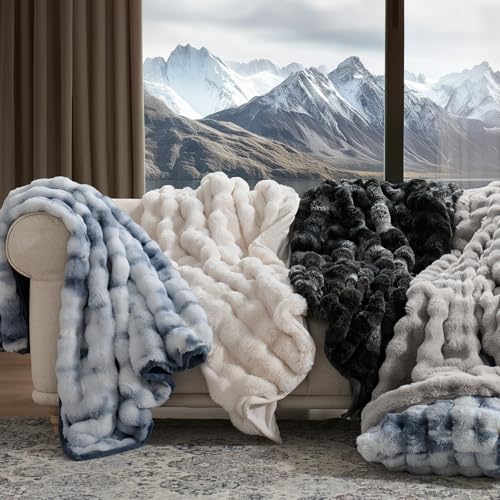 EverGrace Faux Rabbit Fur Bubble Throw Blanket, 60"x80", Cloud Blue - color: Marble Cloud Blue, size: 60"x80"