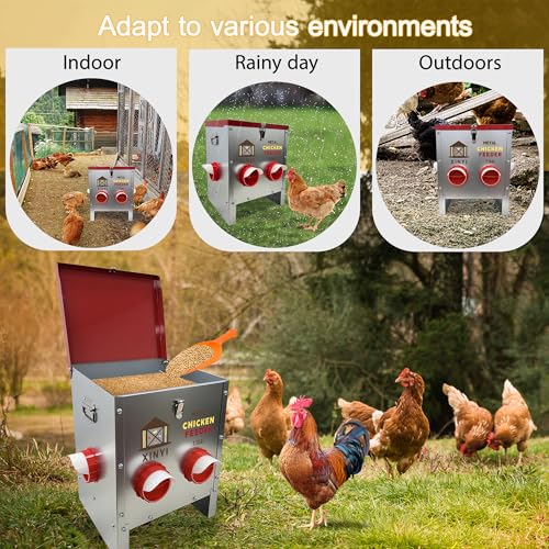 XINYI 7.1 Gallon Auto Chicken Feeder, 6 Ports Galvanized Chicken Feeder,Large Chicken Food Container No Waste & Rodent Proof Chicken Food Dispenser System, Weatherproof Duck Feeder - size: 6 ports without legs