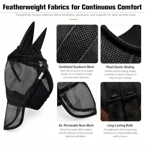 Horse Fly Mask with Ears and Nose Cover (L) | UV protection summer mesh, soft nose flap for muzzle fly protection, lightweight and breathable sandwich mesh. - size: L
