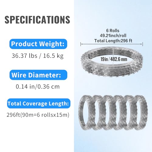 296 FT Razor Wire, 6 Rolls, Concertina Fencing with Warning Sign - size: 296FT, style: 6 Rolls