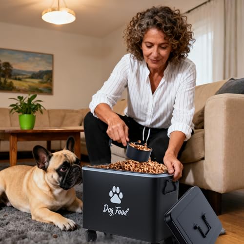 Dog Food Container 13lb, Cute Pet Food Storage with Metal Lid Scoop - color: Black-L