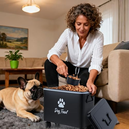 Dog Food Container 13lb, Cute Pet Food Storage with Metal Lid Scoop - color: Black-L