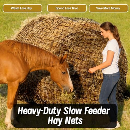 Heavy Duty Slow Feed Hay Net for Horses, 6x6x6 Ft Round Bale Hay Feeder Net - size: 6x6 Ft