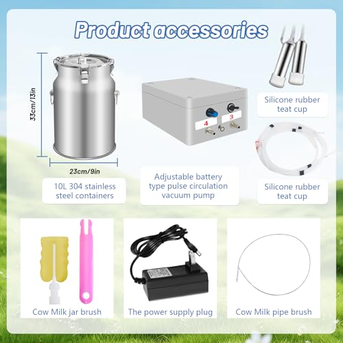 10L Cow Milking Machine Portable Vacuum Pump, Rechargeable Electric Cow Milker Machine Adjustable Suction Pulsation Vacuum, Check Valve Design with Food-Grade Silicone Hose
