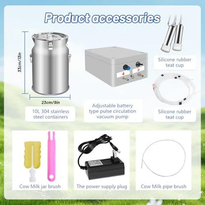10L Cow Milking Machine Portable Vacuum Pump, Rechargeable Electric Cow Milker Machine Adjustable Suction Pulsation Vacuum, Check Valve Design with Food-Grade Silicone Hose