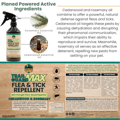 Trail Guard MAX - Natural Extra Strength Insect, Flea and Tick Spray for Dogs, People & Home (16oz MAX Strength, Cedarwood & Rosemary) - size: 16oz MAX Strength