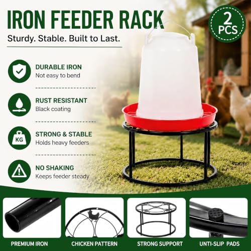 2 Pack Metal Stand for Chicken Feeder Waterer, Stable Chicken Water Feeder Stand Holder with 4 Legs, Heavy Duty Iron Supports Rack for Chicken Feeder Port, Poultry, Buckets, Barrels