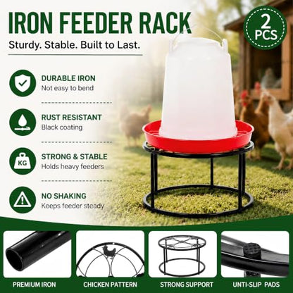 2 Pack Metal Stand for Chicken Feeder Waterer, Stable Chicken Water Feeder Stand Holder with 4 Legs, Heavy Duty Iron Supports Rack for Chicken Feeder Port, Poultry, Buckets, Barrels