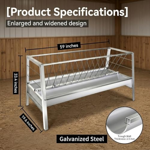 Livestock Hay Feeder,95 Gallon 2 in 1 Grain & Hay Feeder, 59 Inch Long Heavy Duty Steel Goat Hay Feeder with Deep Feeding Pan, Livestock Hay Rack for Goats, Sheep, Horse, Farm & Barn Pasture Use