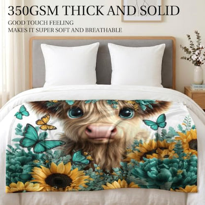 Jekeno Highland Cow Sunflower Gifts Blanket Butterfly Floral Throw Blanket - color: Highland Cow, size: 60x80 Inch
