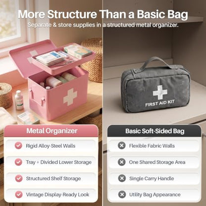 Flexzion Large Metal First Aid Box Empty, 13-Inch, Pink with White Cross - color: Pink, size: 13 Inch without Latch Lock