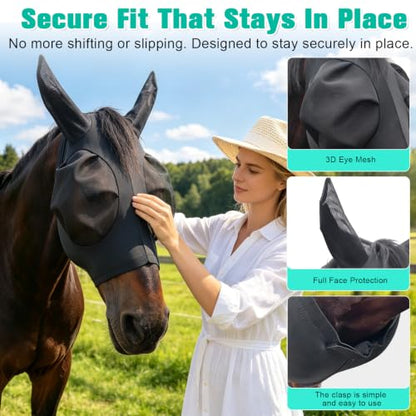 3D Stretch Mesh Horse Fly Mask with Ears (Black, COB) - color: Black, size: COB