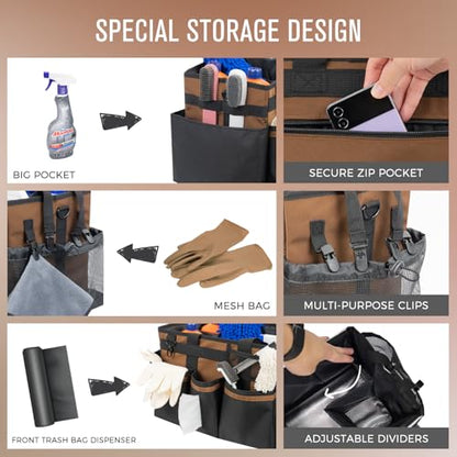 SCAVATA Wearable Cleaning Caddy, Cleaning Caddy Supplies Organizer with Handle & Shoulder Straps for Housekeepers, Under Sink & Car Cleaning Tool Organizers Bag with 4 Foldable Divider (Brown) - color: Brown
