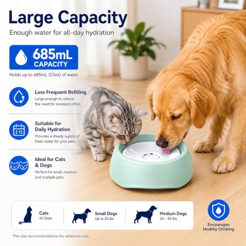 Green No Spill Dog Water Bowl, Pet Floating Water Bowl No Wet Mouth, Anti Splash & Anti Tip Slow Water Feeder, Keeps Fur Dry Clean Drinking Bowl for Dogs & Cats, Large Capacity Travel Friendly - color: Green, White
