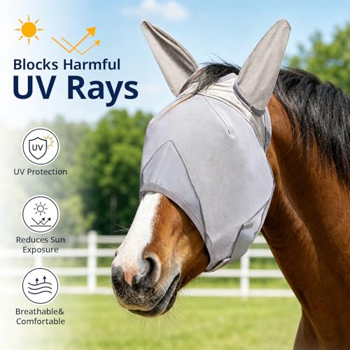 Adjustable Horse Fly Mask with Ears, UV Protection Mesh Fly Mask for Horse, Comfortable No Nose Design, Fits Average & Large Horse, Ideal as UV Fly Mask for Horses Against Insect Pests