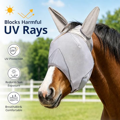 Adjustable Horse Fly Mask with Ears, UV Protection Mesh Fly Mask for Horse, Comfortable No Nose Design, Fits Average & Large Horse, Ideal as UV Fly Mask for Horses Against Insect Pests