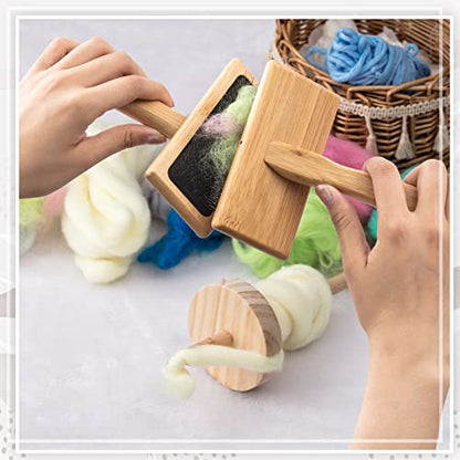 Rtteri 2 Pcs Wooden Drop Spindle and Wool Carder Set Hand Carders Spinning Slicker Wool Brush Needle Felting Tools for Yarn Weaving Blending Roving Craft Project Kit Supplies Pet Grooming