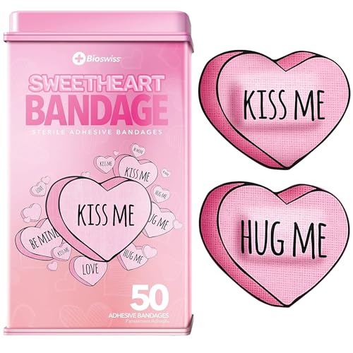 BioSwiss Bandages, Valentine Heart Shaped Self Adhesive Bandage Set, Latex Free, Sterile Wound Care, 50 Count - color: Heart, size: 50-Count Tin