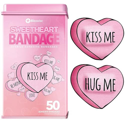 BioSwiss Bandages, Valentine Heart Shaped Self Adhesive Bandage Set, Latex Free, Sterile Wound Care, 50 Count - color: Heart, size: 50-Count Tin