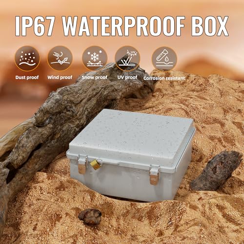 Joinfworld Outdoor Waterproof Electrical Box 13x13x5 | IP67 water&UV proof box, 304 stainless latch, durable plastic, plate&rail, wall/freestand for marine, solar, Starlink & more - size: 13“x13"x5.1"