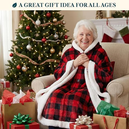 PAVILIA Hooded Blanket Poncho, Fleece Wearable Shawl Wrap Throw, Plaid Red | Fleece Shawl Wrap with Hood, Adult Wearable Blanket, Cozy Warm Poncho Cape Throw with Pockets, Gift for Elderly Mom - color: Checker Red