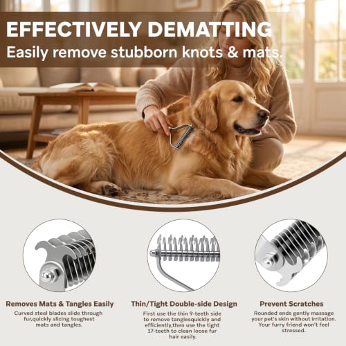 Undercoat Rake for Dogs - Professional Pet Shedding Dematting Comb with Wood Handle, Stainless Steel Blades for Pet Cats Dogs Matted Hair Tangles Removing - style: 2 Sides Dematting Comb
