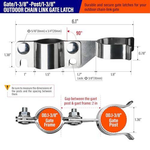 Heavy Duty Stainless Steel 1-3/8" x 1-3/8" Chain Link Fence Gate Fork Latch with Hole for Padlock（Fit 1 3/8" Gate Frame） 2Pack - size: 1-3/8''x1-3/8''-2P