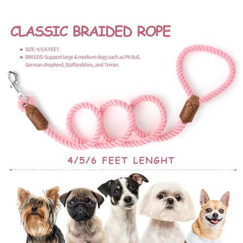Mile High Life Dog Leash Braided Cotton Rope with Leather-Reinforced Ends - color: Pink, size: 72 Inch-1/2"