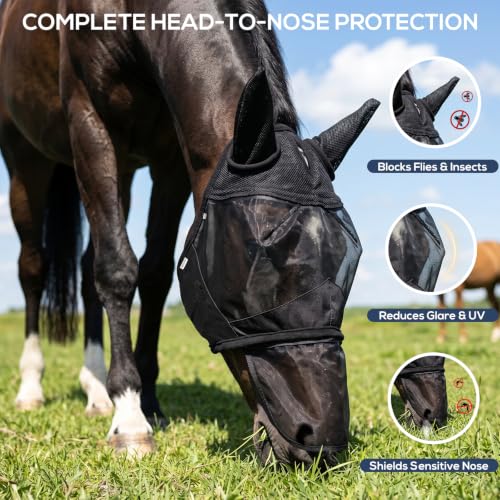 Horse Fly Mask with Ears & Detachable Nose Cover, Large - size: Large