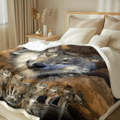 Sleepwish Gold Wolf Fleece Blanket Indian Blanket Plush - color: Black Cloud Wolf Group, size: Throw