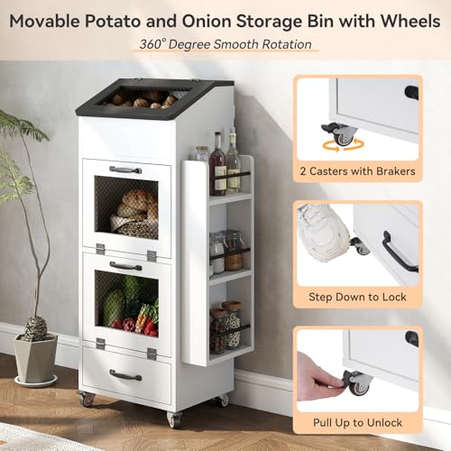 Verano Garden 16.0" Potato and Onion Storage Bin on Wheels, Bread Box - color: White, size: 16.0"